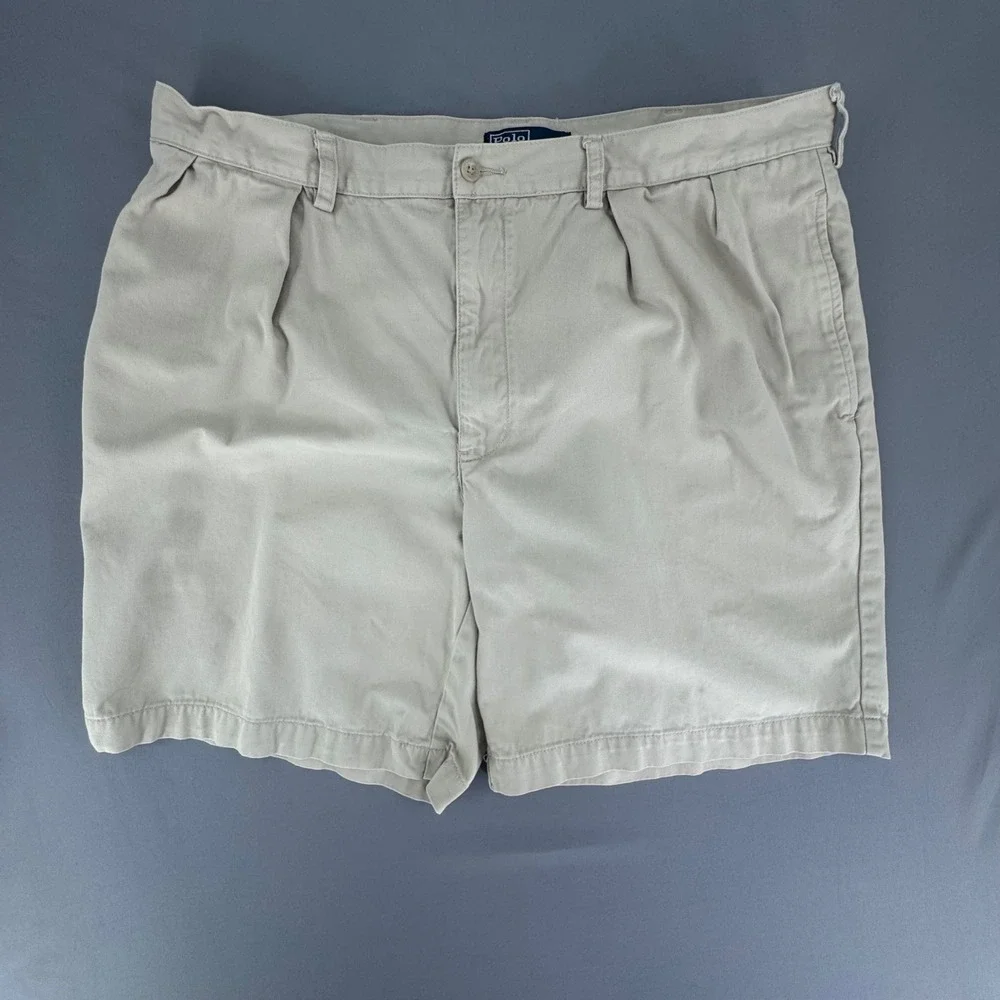VTG Polo Ralph Lauren Mens Tyler Short Pleated Chino Tan Khaki Cotton Size 40